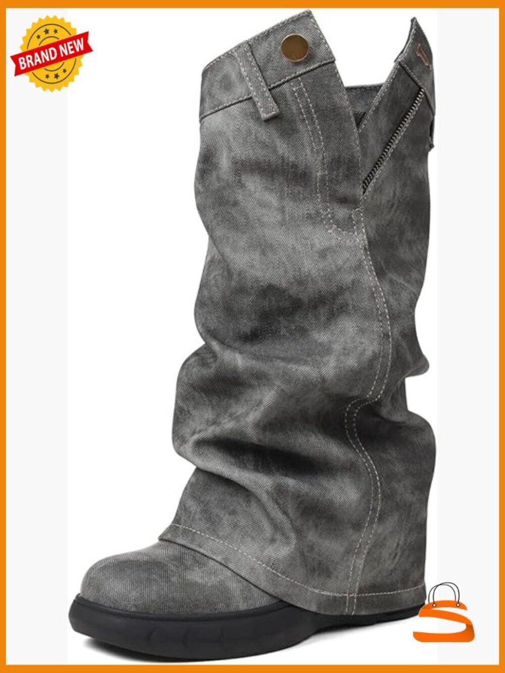Fold Over Slouchy Platform Wedge Boots Distressed Denim Y2K
